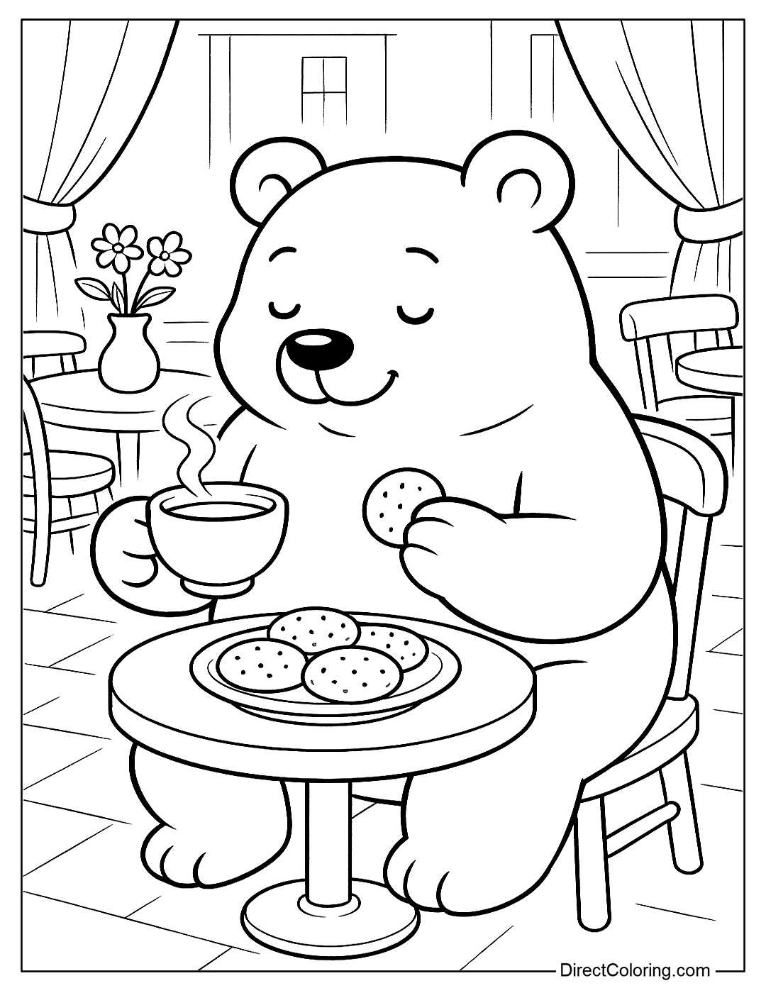 Bear with Cookies and a Cup of Tea Coloring Page